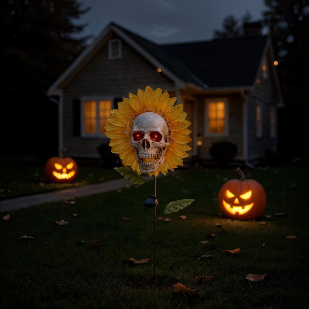 The Gerson Company Solar Lighted Halloween Sunflower with Skull Yard Stake in Assort, , large