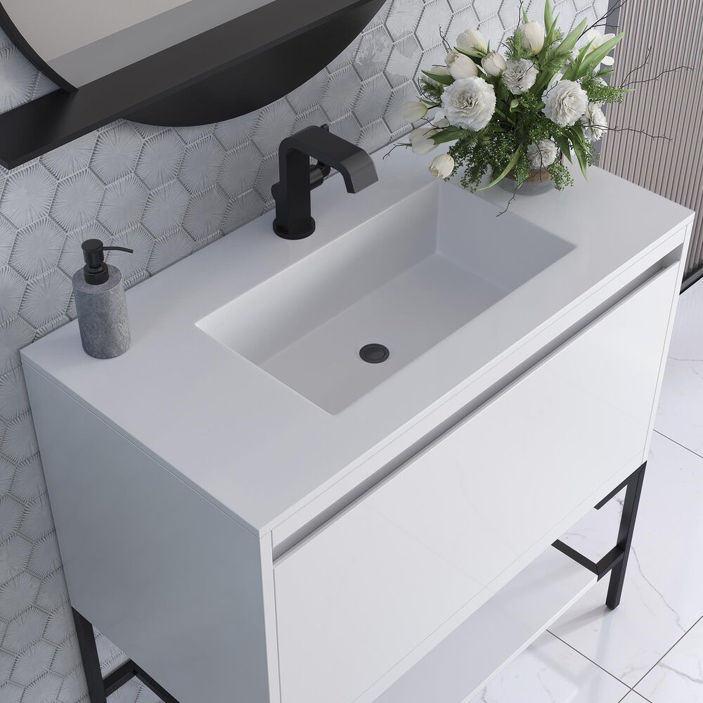 James Martin Mantova 35.4&quot; Single Bathroom Vanity in Glossy White and Matte Black with 2 cm Glossy White Solid Surface Top and Rectangular Sink, , large
