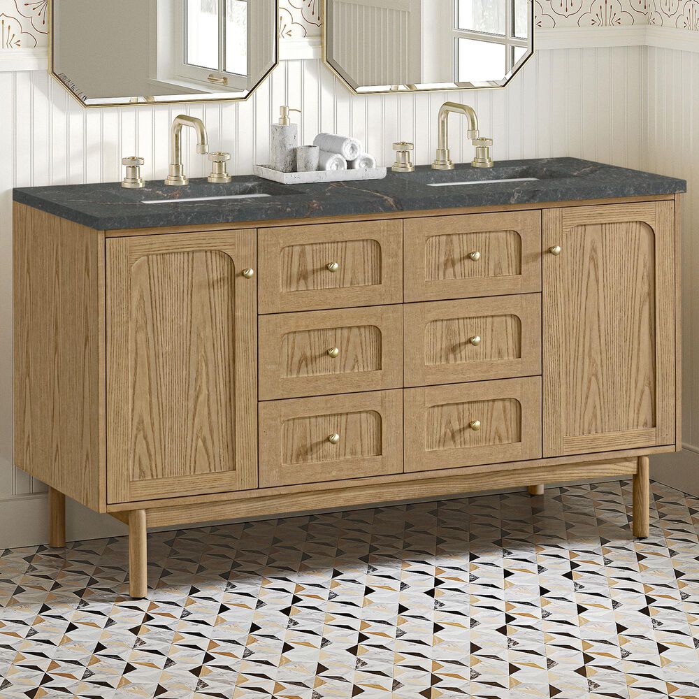 James Martin Vanities Laurent 60&quot; Double Bathroom Vanity in Light Natural Oak with 3 cm Parisien Bleu Quartz Top and Rectangular Sinks, , large