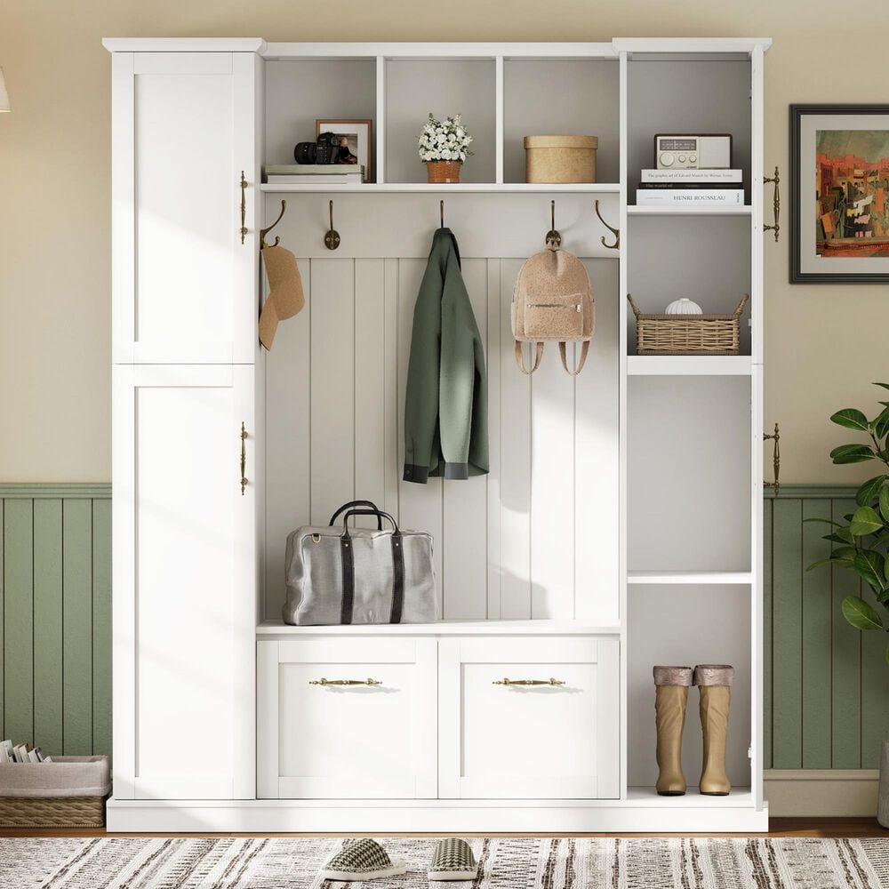 HOMLUX 5-Hook Hall Tree with 4 Side Cabinets and Storage Bench in White, , large