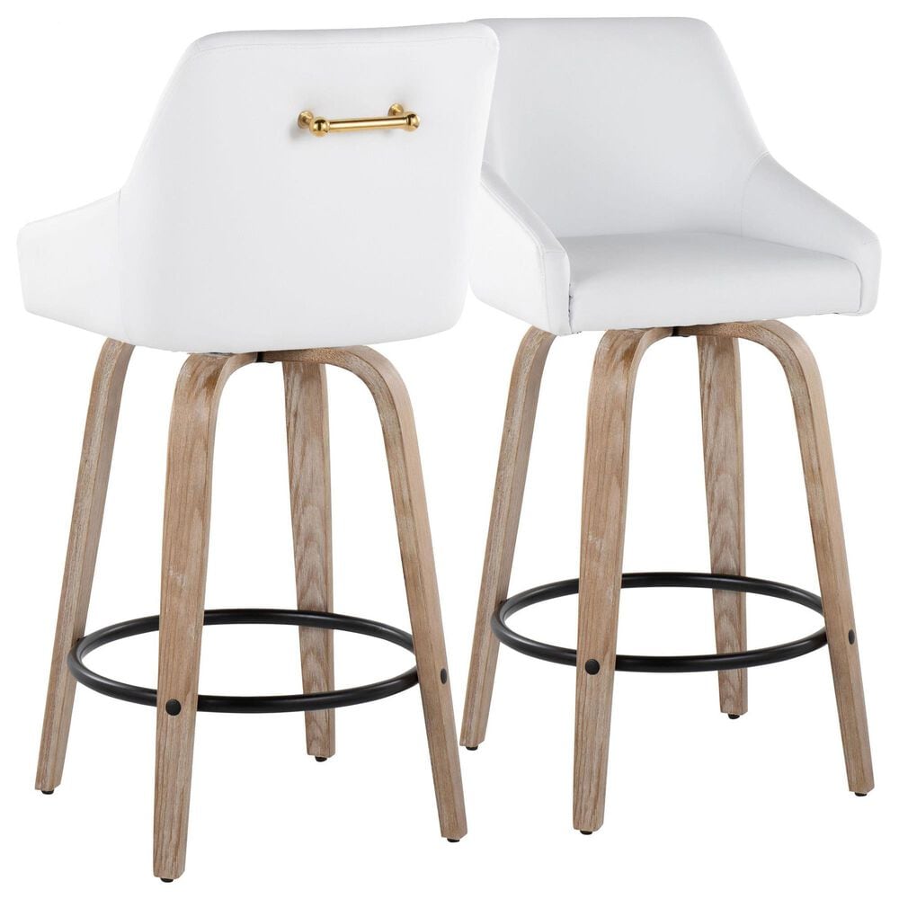 LumiSource Hannah Swivel Counter Stool with White Faux Leather Upholstery in Whitewashed and Black (Set of 2), , large