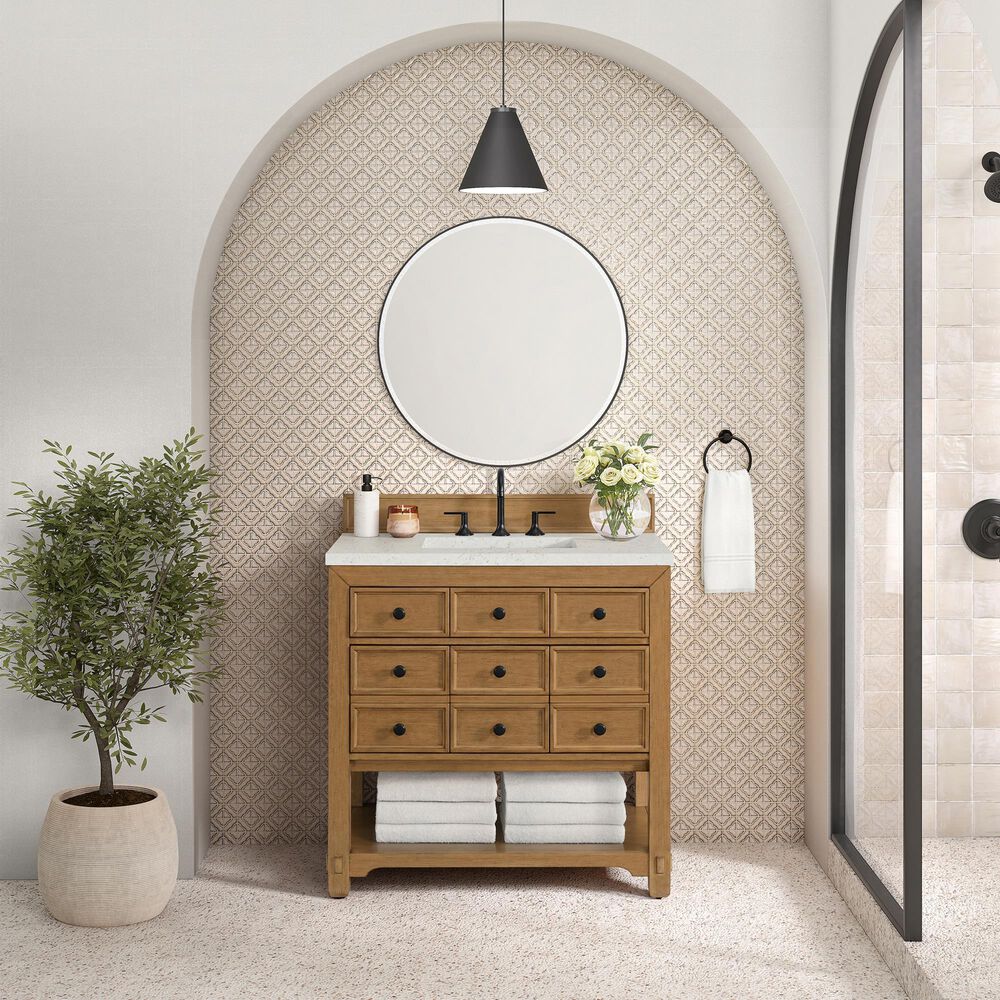 James Martin Malibu 36&quot; Single Bathroom Vanity in Amber Birch with 3 cm Lime Delight Quartz Top and Rectangular Sink, , large