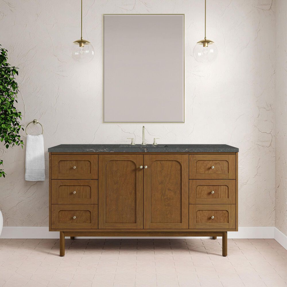 James Martin Laurent 60" Single Bathroom Vanity in Honey Oak with 3 cm Parisien Bleu Silestone Top and Rectangular Sink, , large