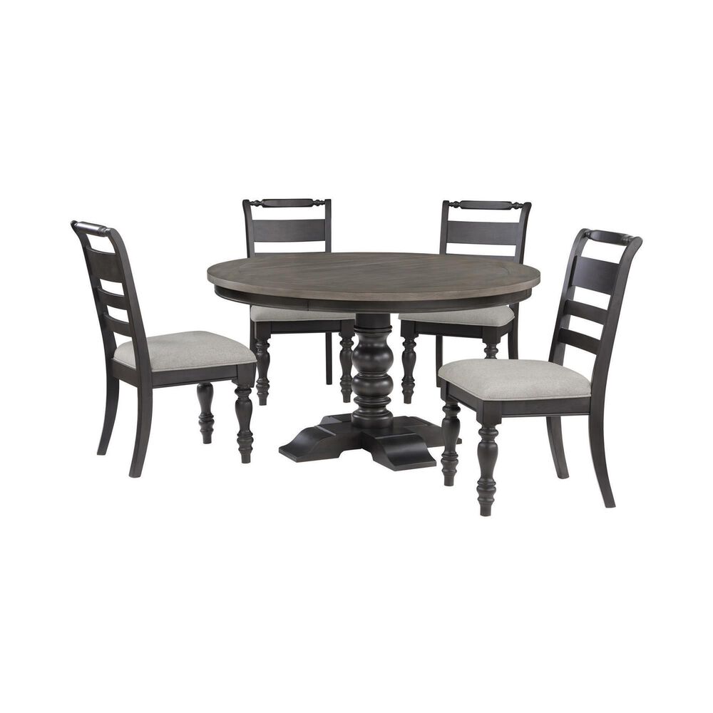 Boulder & Pine French Country Pedestal Dining Table with Upholstered Side Chairs in Black and Dark Gray, , large
