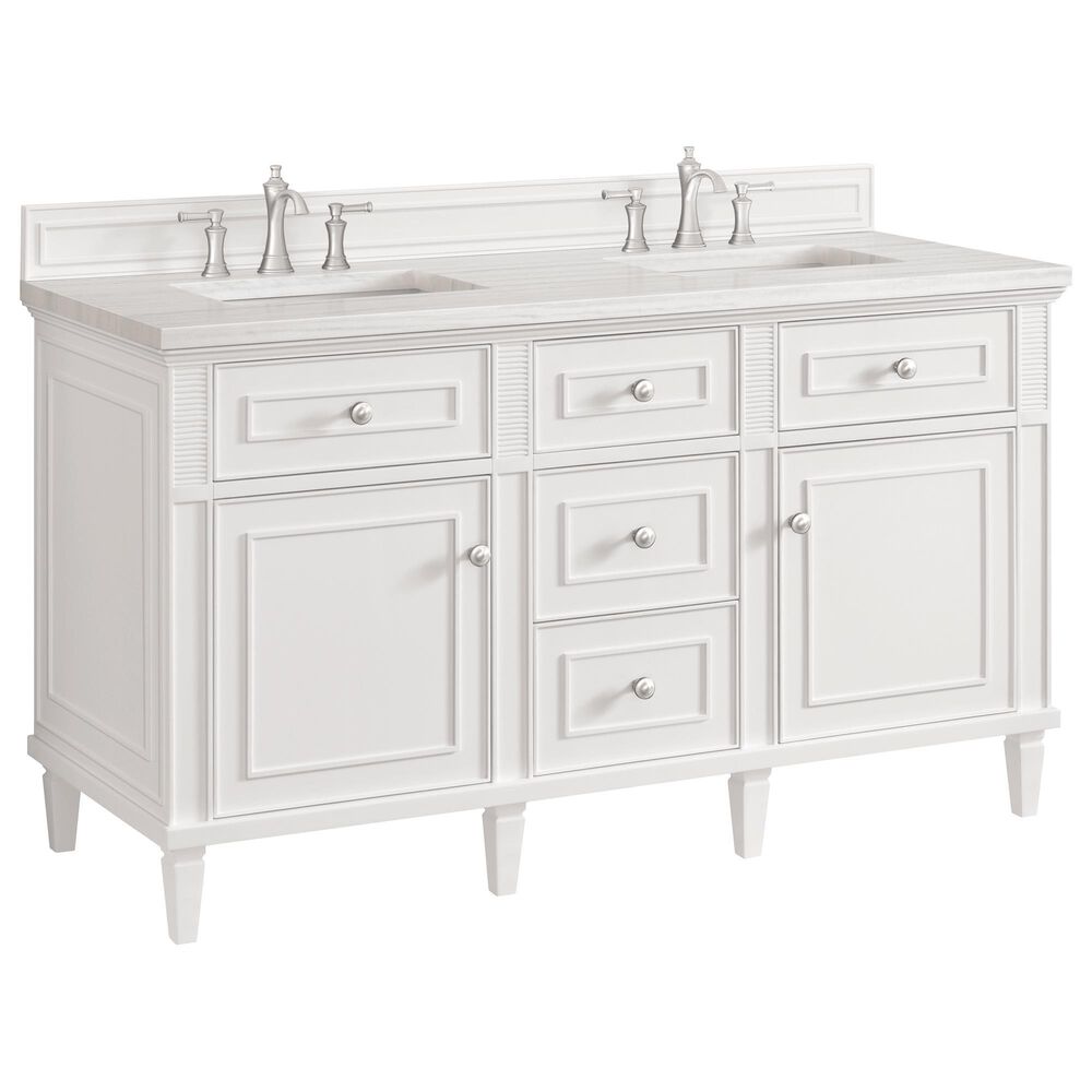 James Martin Vanities Lorelai 60" Double Vanity in Bright White with 3 cm Arctic Fall Solid Surface Top, , large
