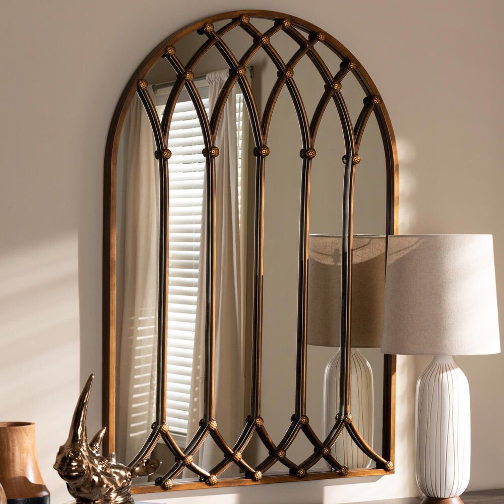 Baxton Studio Freja Arched Window Accent Wall Mirror in Antique Bronze, , large