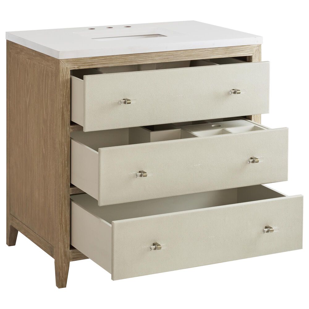 James Martin Vanities Celeste 36&quot; Single Vanity in Sun-washed Oak with Embossed Shagreen and with Single Hole 3 cm White Zeus Quartz Top &amp; Backsplash, , large
