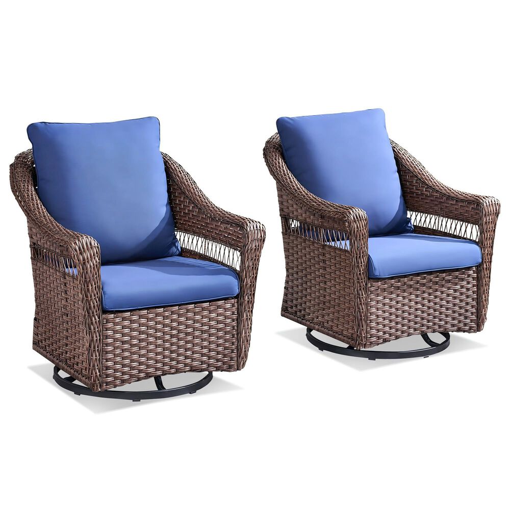 Sunwell Garden Patio Swivel Glider Chair with Brown Frame and X-Laced Armrests in Navy (Set of 2), , large
