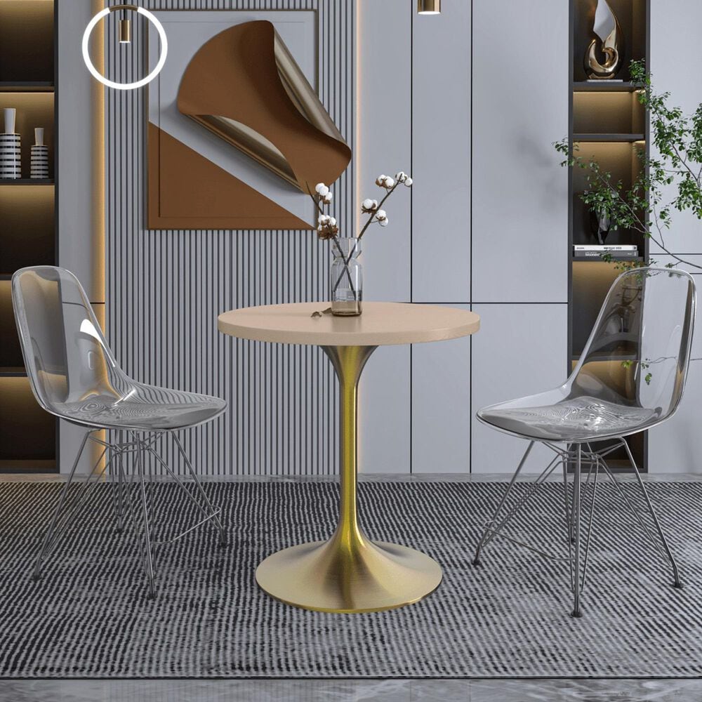 Leisuremod LeisureMod Verve Collection 27 Round Dining Table, Brushed Gold Base with Light Natural Wood MDF Top, , large