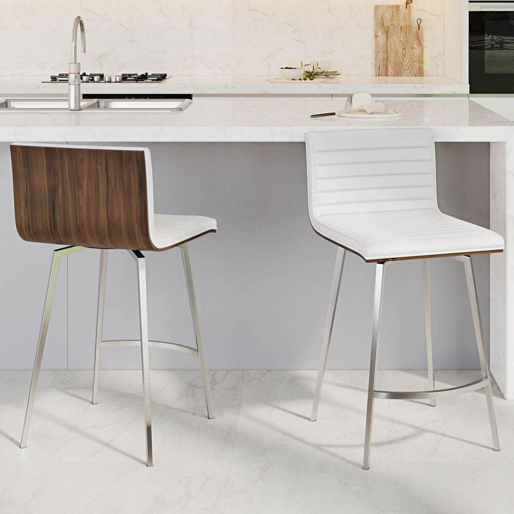 Lumisource Mason Swivel Counter Stool with White Cushion in Stainless Steel and Walnut &#40;Set of 2&#41;, , large