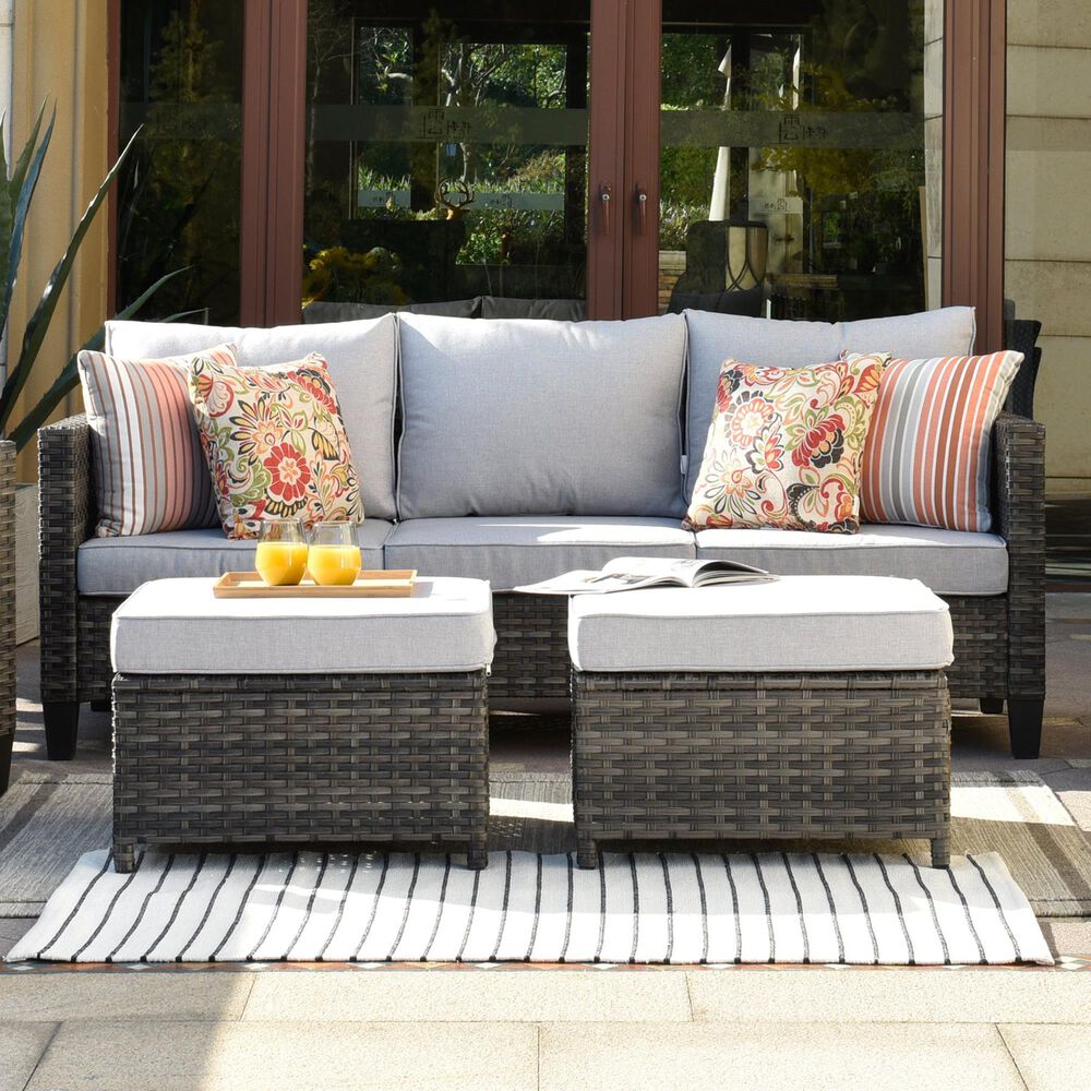 HOMLUX 3-Piece 77" Patio Sofa and Ottoman Set in Grey, , large