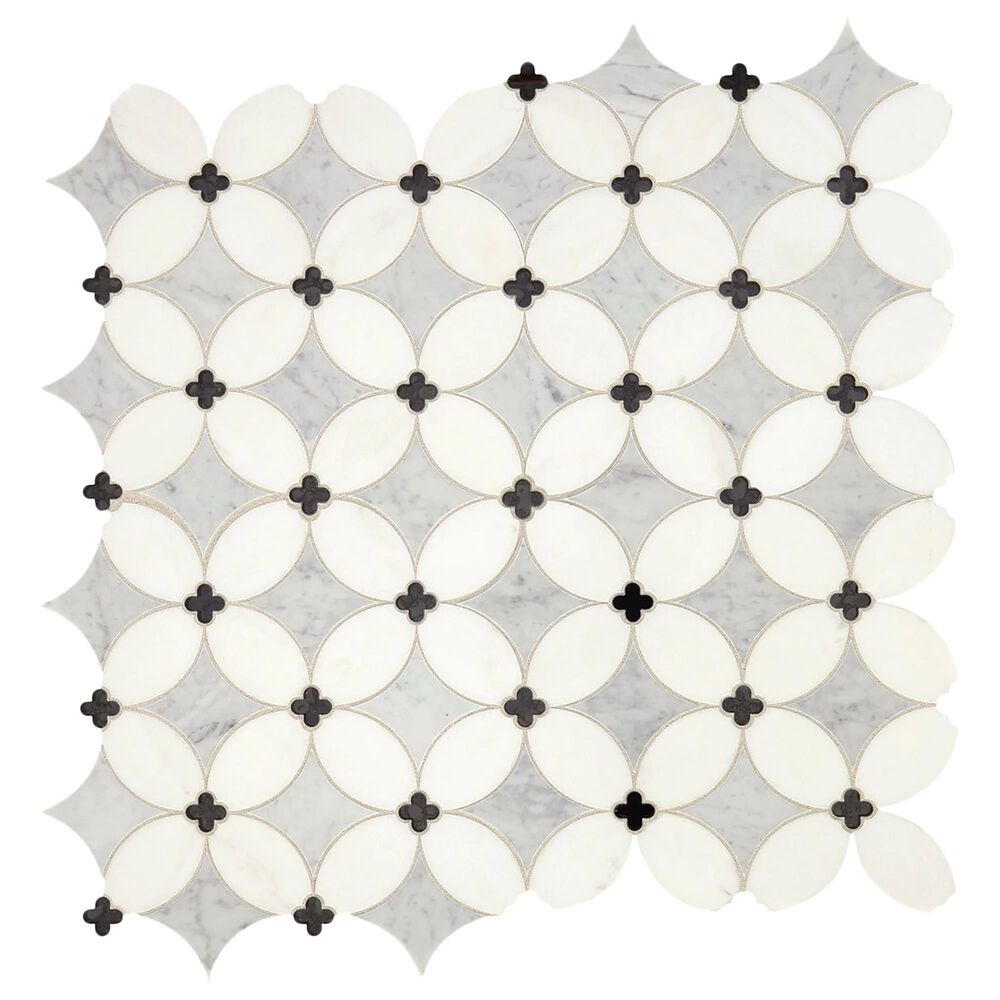 Lavaliere Carrara, Thassos and Black Antique Mirror 6" x 6" Round Petal on 14" x 14" Natural Stone Mosaic Sheet, , large