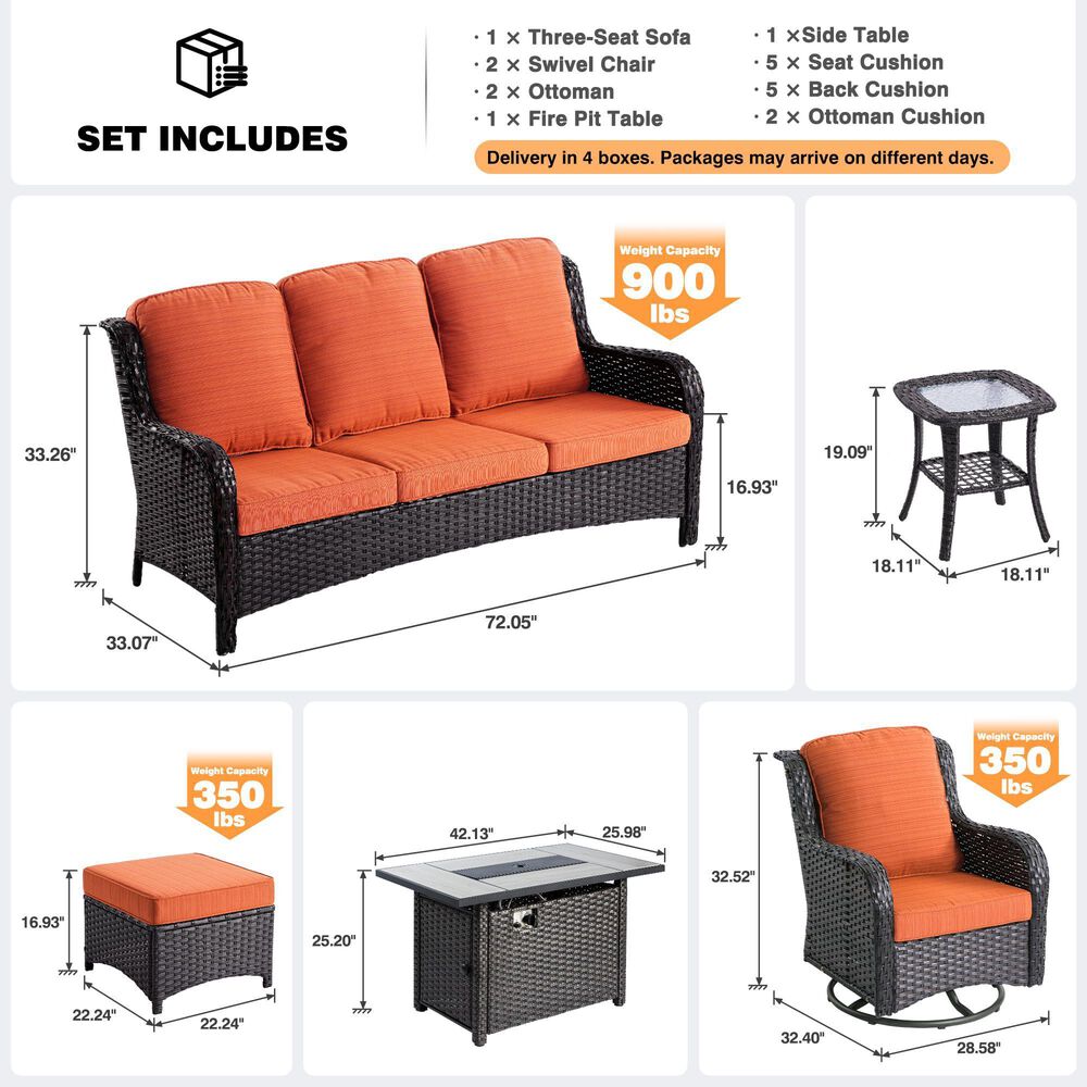HOMLUX 7-Piece Patio Set with 42 Inch Fire Pit Table, Outdoor Wicker Sofa and Swivel Rocking Chairs, Brown Rattan in Orange Red, , large