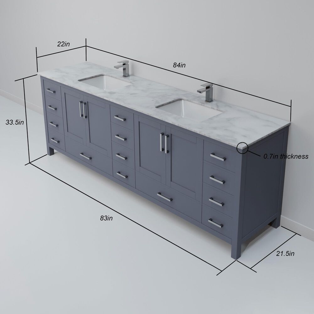 Lexora Home Jacques 84&quot; Double Bathroom Vanity in Dark Grey with 2 cm White Carrara Marble Top and Rectangular Sinks, , large