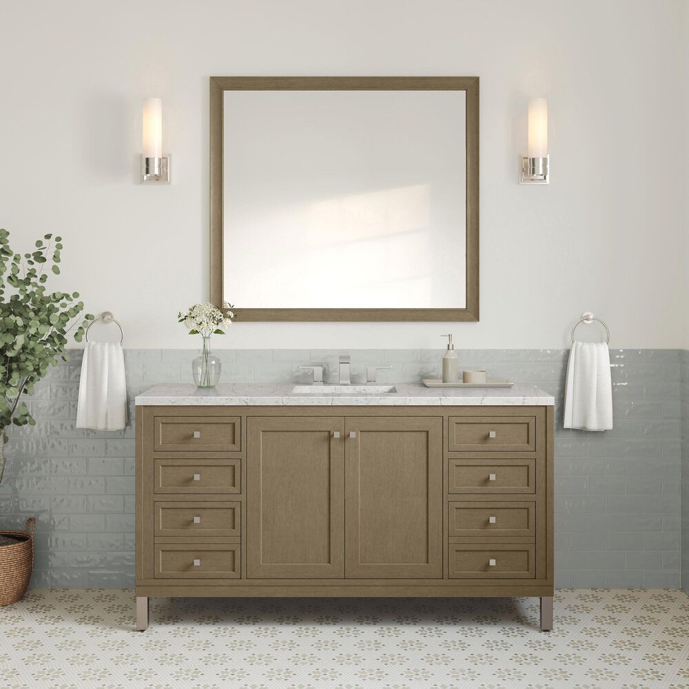 James Martin Vanities Chicago 60" Single Bathroom Vanity in Walnut Whisper with 3 cm Eternal Jasmine Pearl Quartz Top, Rectangular Sink and FreePower Wireless Charger, , large