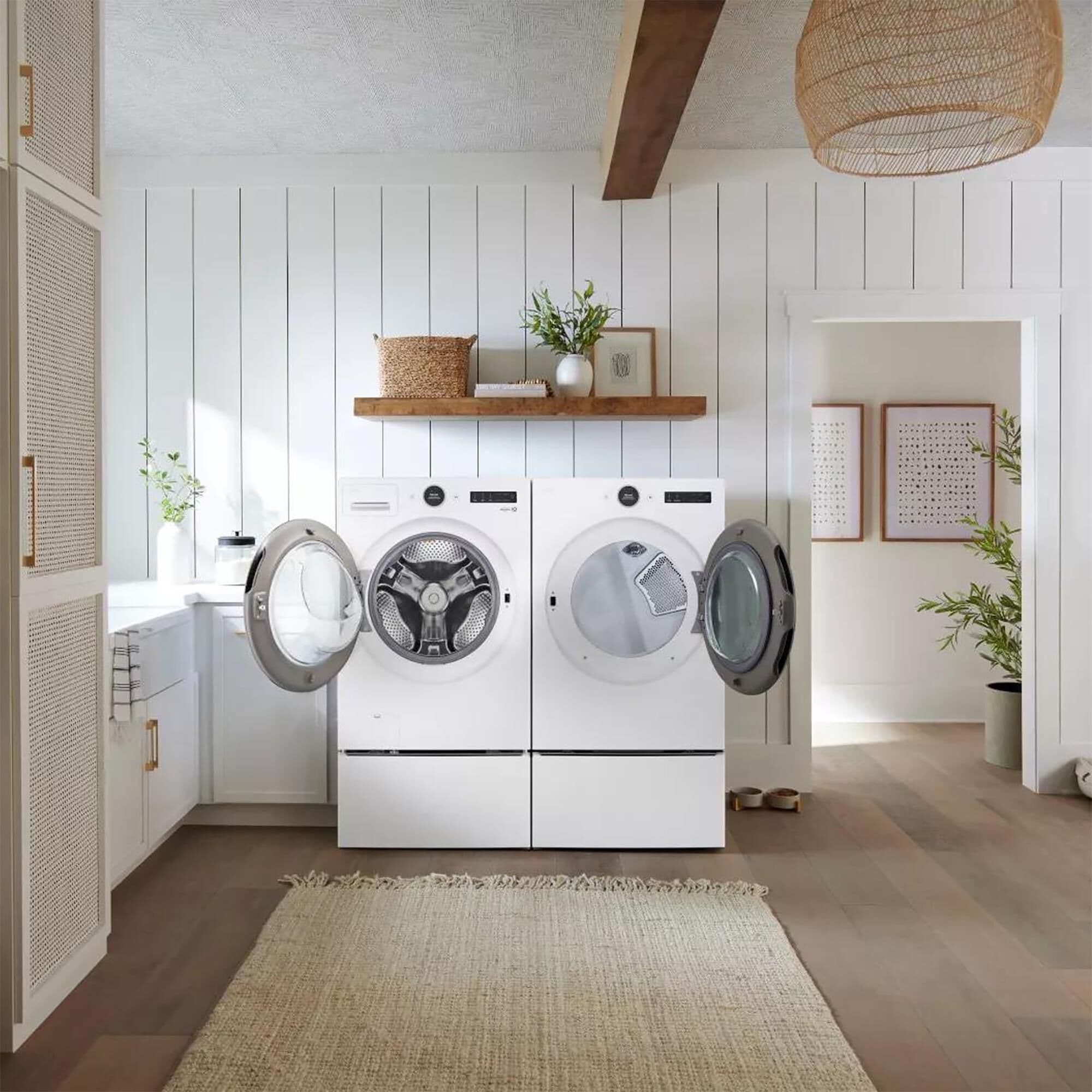 Front load washer dryer with pedestal store