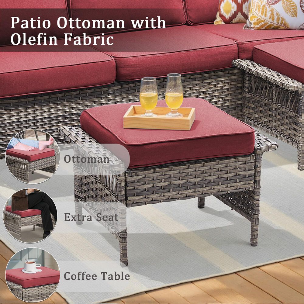 Hearth and Haven Patio Wicker Ottoman with Widened Armrest in Red (Set of 2), , large
