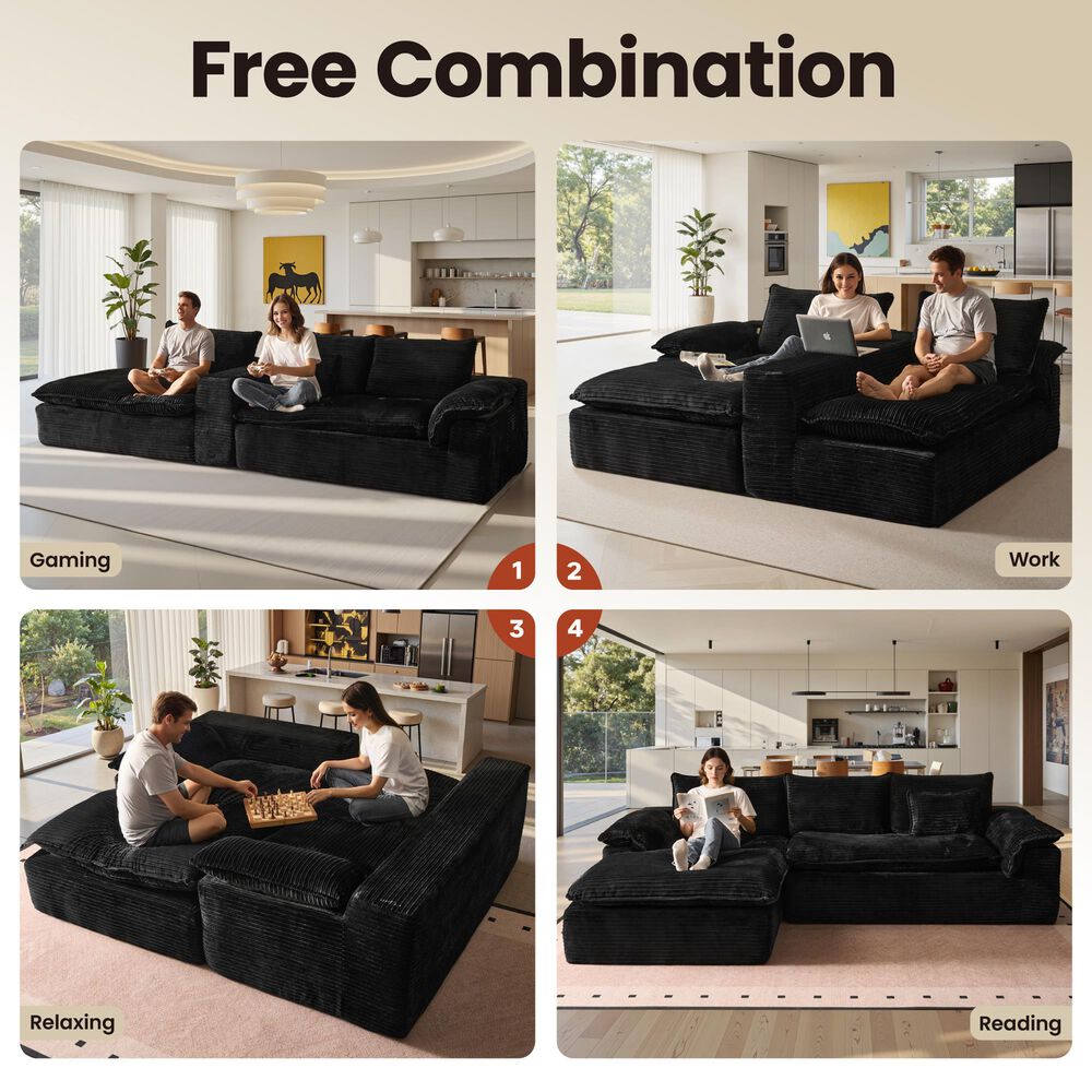 HOMLUX 112" Modern Sectional Sofa with Curved Armrests in Black, , large