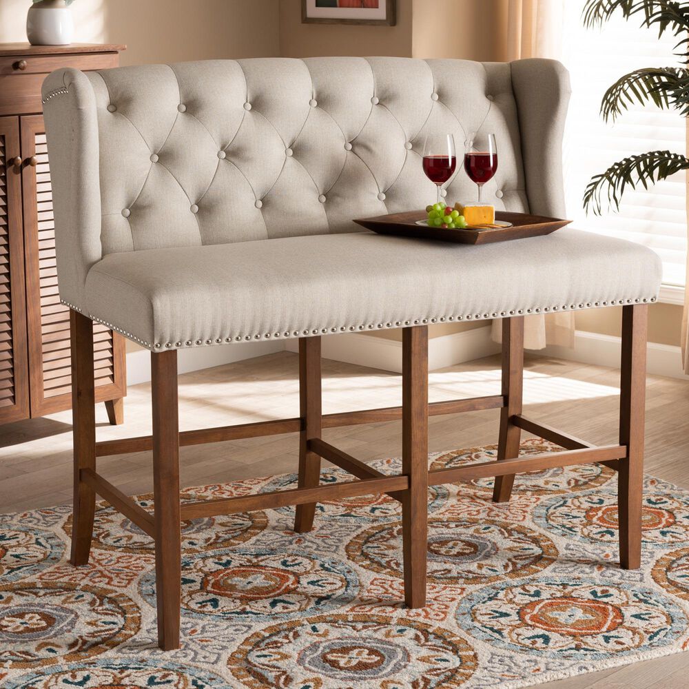 Baxton Studio Alira Bar Stool Bench with Beige Cushion in Walnut, , large