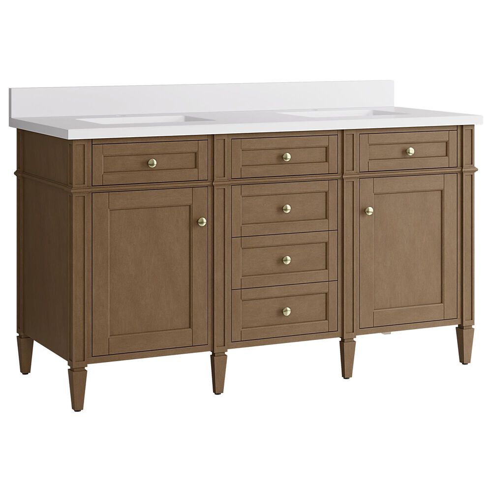 James Martin Brittany 60" Double Bathroom Vanity in Pecan with Single Hole 3 cm White Zeus Silestone Top and Rectangular Sinks, , large