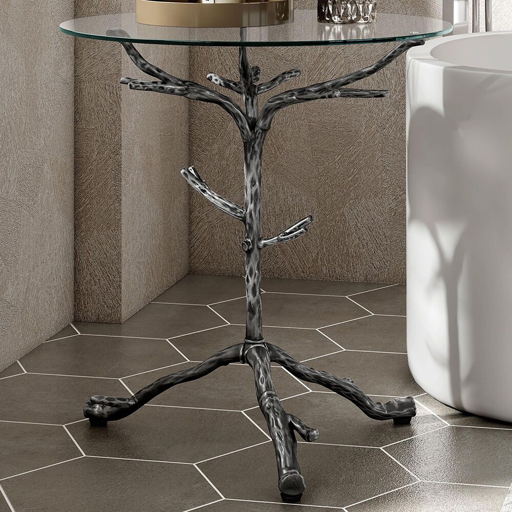 Furniture of America Lalia Side Table with Tempered Glass Top and Tree Branch Base in Gun Metal, , large
