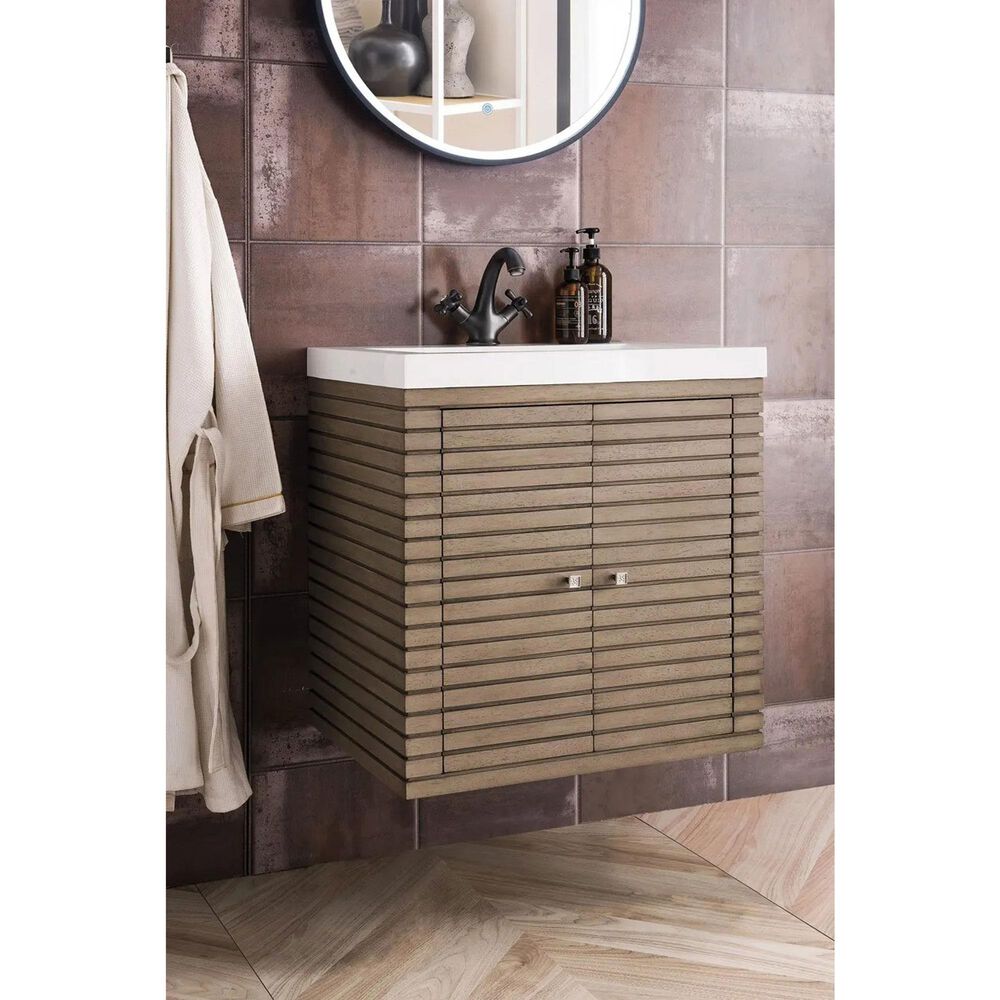 James Martin Vanities Linden 24&quot; Single Bathroom Vanity in Whitewashed Walnut with 5 cm White Glossy Resin Top and Rectangular Sink, , large