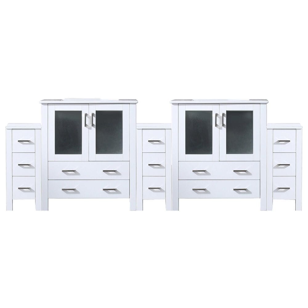 Lexora Home Volez 96&quot; Double Bathroom Vanity in White with 2 cm White Ceramic Top, Rectangular Sinks and Side Cabinets, , large