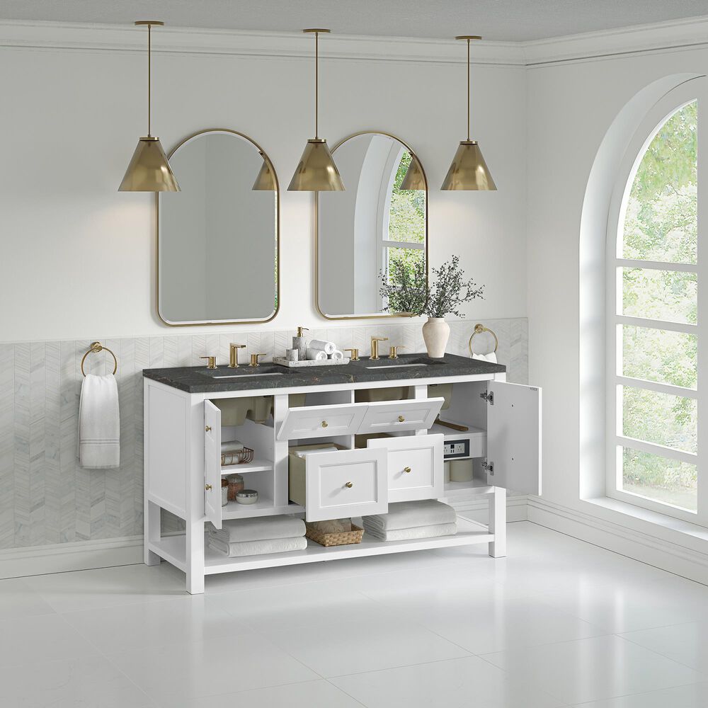 James Martin Vanities Breckenridge 60&quot; Double Bathroom Vanity in Bright White with 3 cm Parisien Bleu Quartz Top and Rectangular Sinks, , large