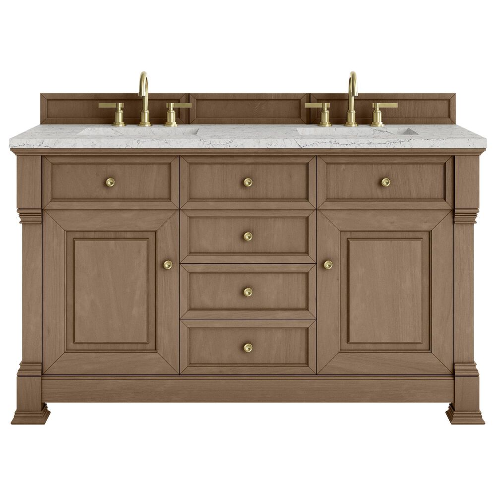 James Martin Vanities Brookfield 60" Double Bathroom Vanity in Pecan with 3 cm Eternal Jasmine Pearl Quartz Top and Rectangular Sinks, , large