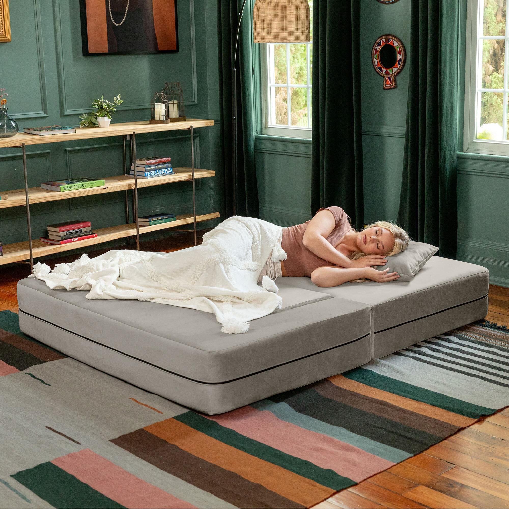 Jaxx Zipline Convertible Queen Sleeper Loveseat Ottomans in Pewter Velvet NFM