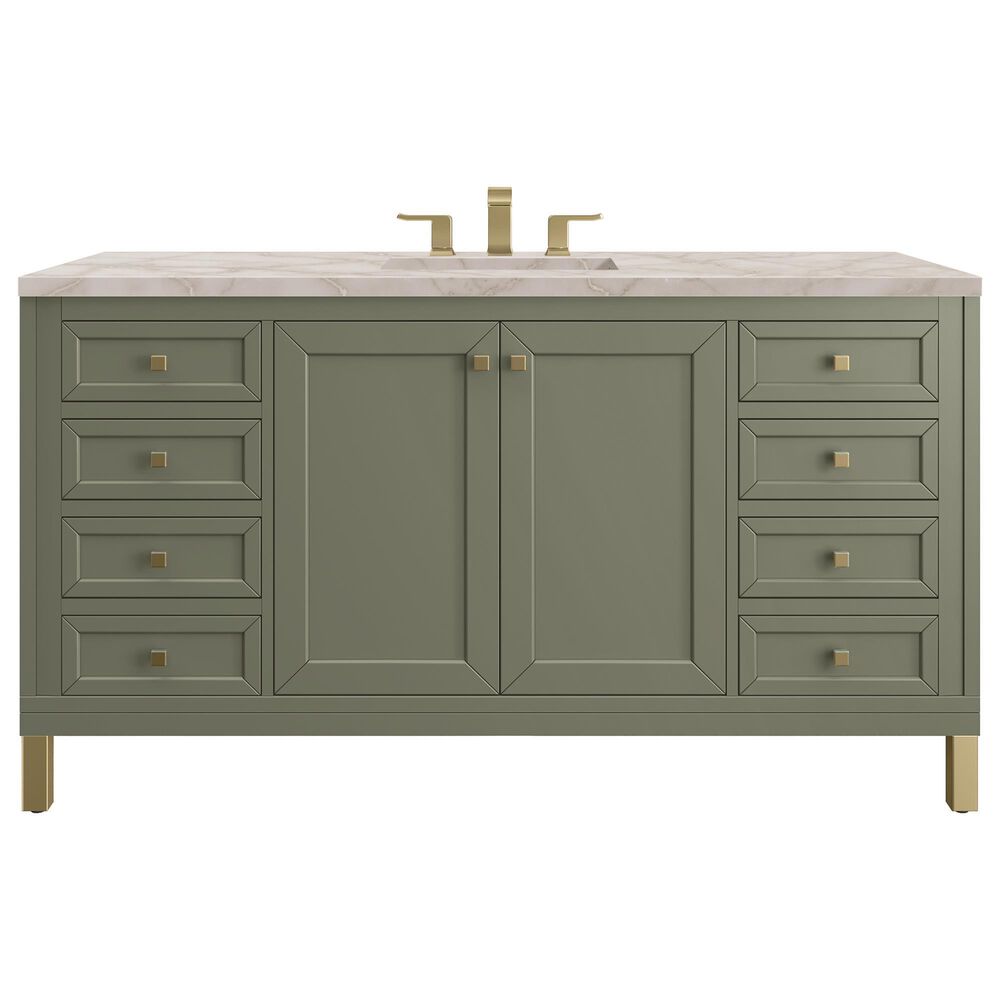 James Martin Vanities Chicago 60" Single Bathroom Vanity in Smokey Celadon with 3 cm Victorian Silver Quartz Top, Rectangular Sink and FreePower Wireless Charger, , large