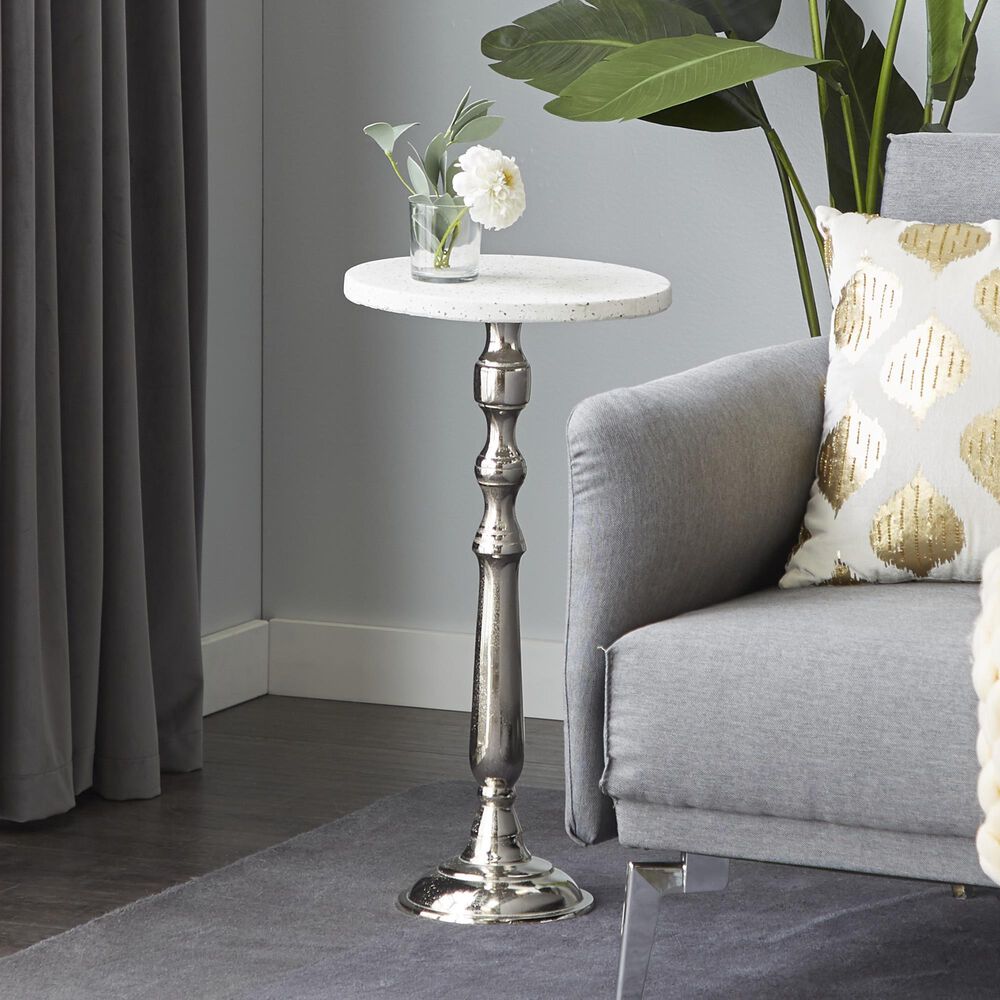 Uma Enterprises Pedestal Accent Table in Silver and White, , large