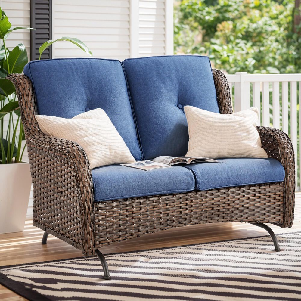 Sunwell Garden Outdoor Glider Loveseat with Brown Rattan in Navy, , large