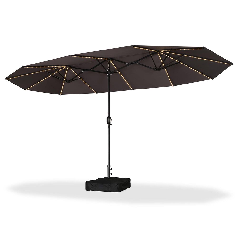 HOMLUX 14" Outdoor Double-Sided Market Umbrella with Base and Solar LED Lights in Grey, , large