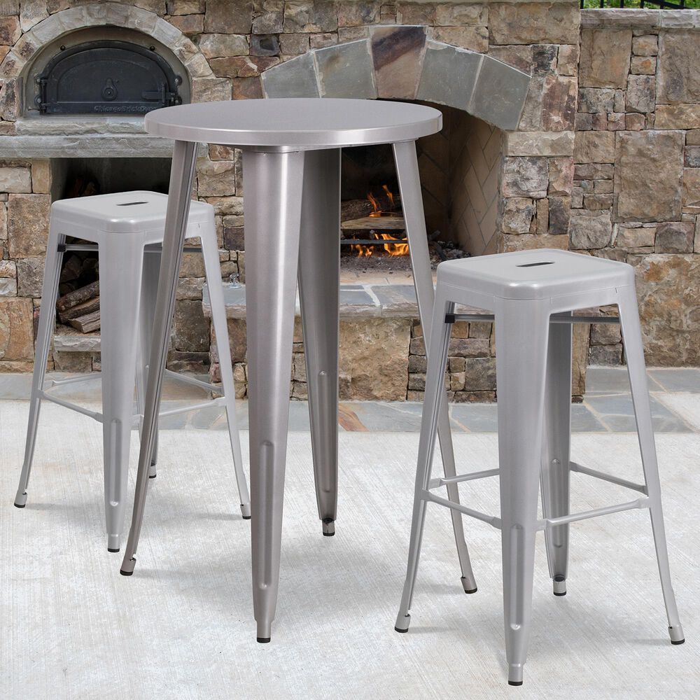 3-Piece Metal Bar Table Set in Gray, , large