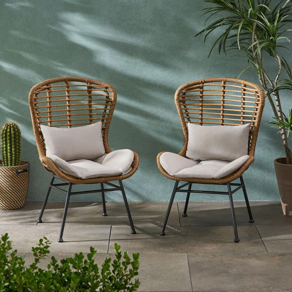 Hearth and Haven Frazer Patio Rattan Chair with Beige Cushion in Brown &#40;Set of 2&#41;, , large