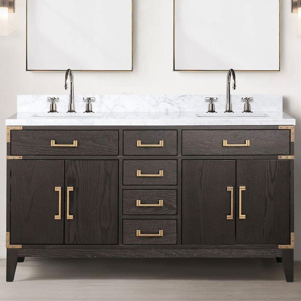 Lexora Home Laurel 60&quot; Double Bathroom Vanity in Brown Oak with White Carrara Marble Top and Rectangular Sinks, , large