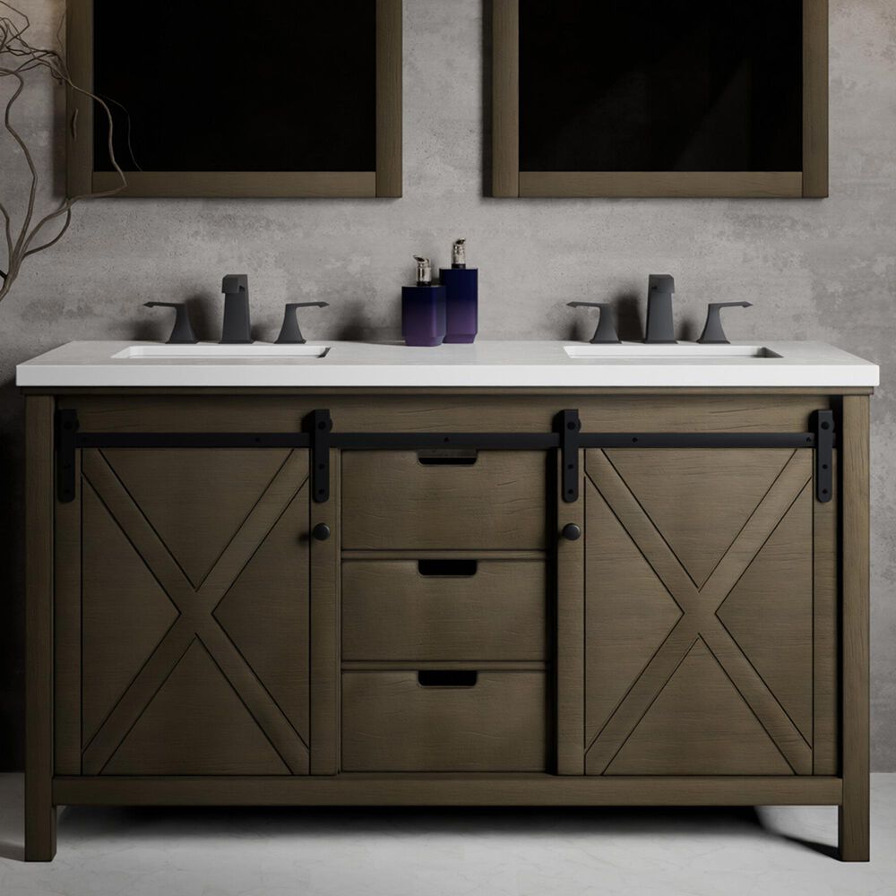 Lexora Home Marsyas 60" Double Bathroom Vanity in Rustic Brown with White Quartz Top and Rectangular Sinks, , large