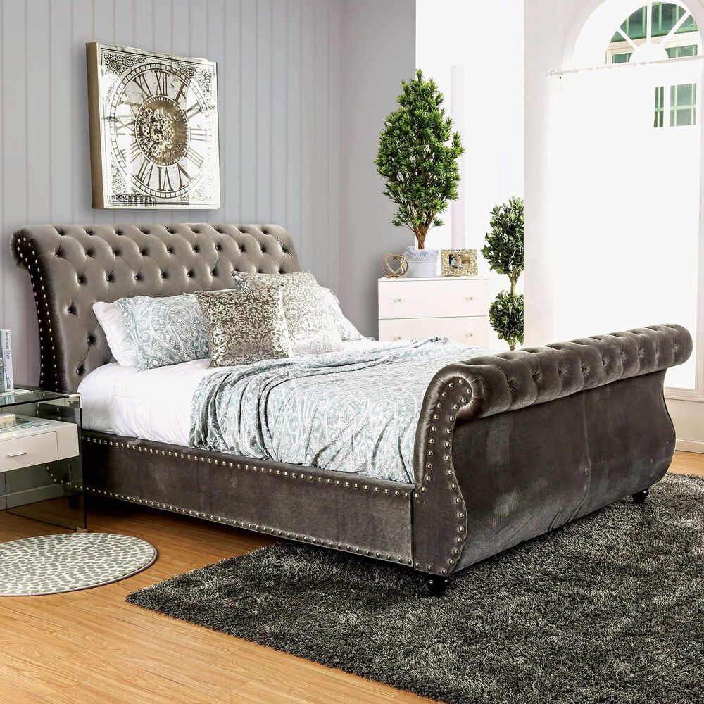 Furniture of America Earnest Queen Upholstered Bed in Gray, , large