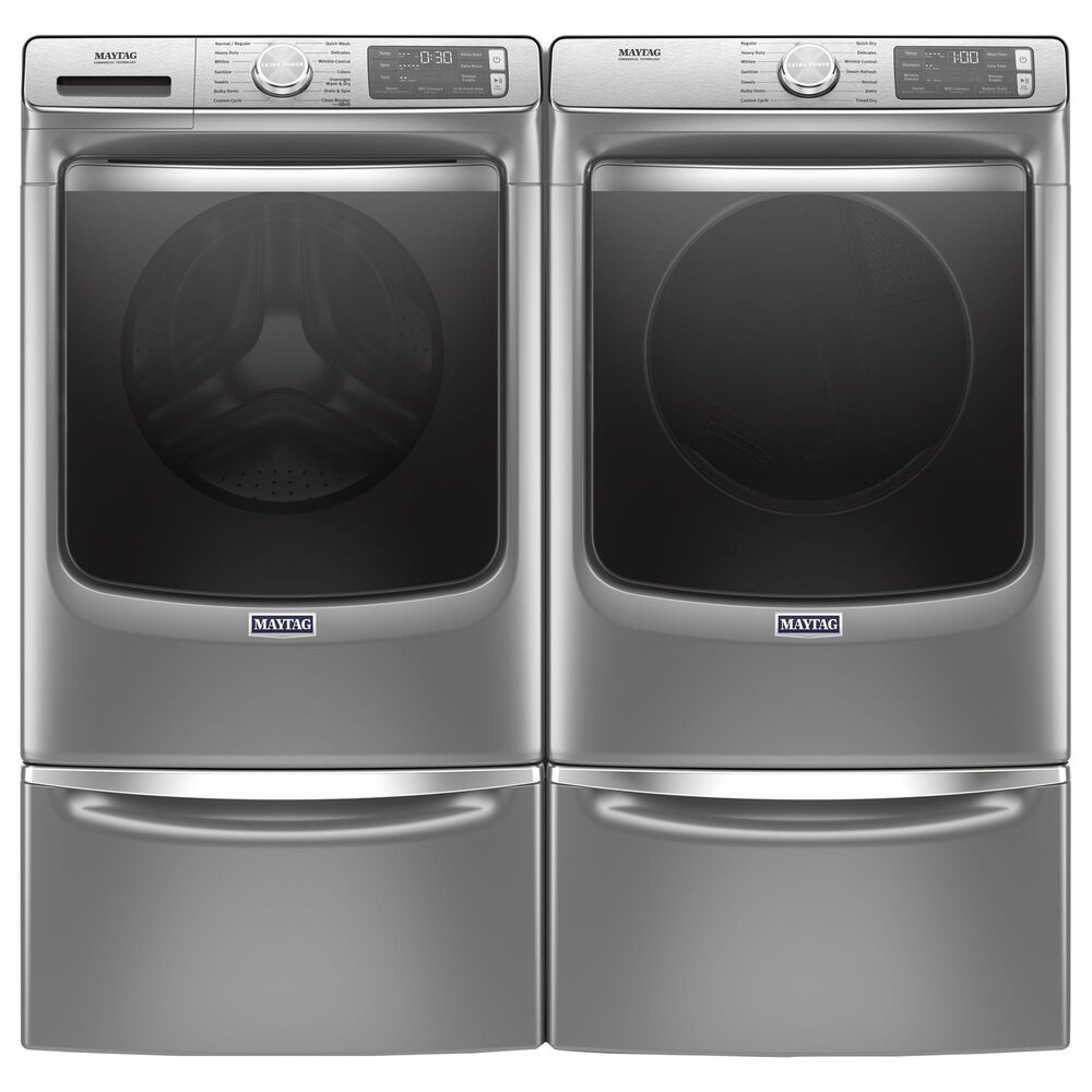 Maytag 5 Cu. Ft. Front Load Washer and 7.3 Cu. Ft. Gas Dryer Laundry Pair with Pedestal in Metallic Slate, , large