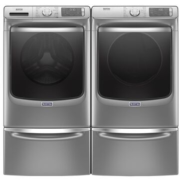 Maytag 5 Cu. Ft. Front Load Washer and 7.3 Cu. Ft. Gas Dryer Laundry Pair with Pedestal in Metallic Slate, , large