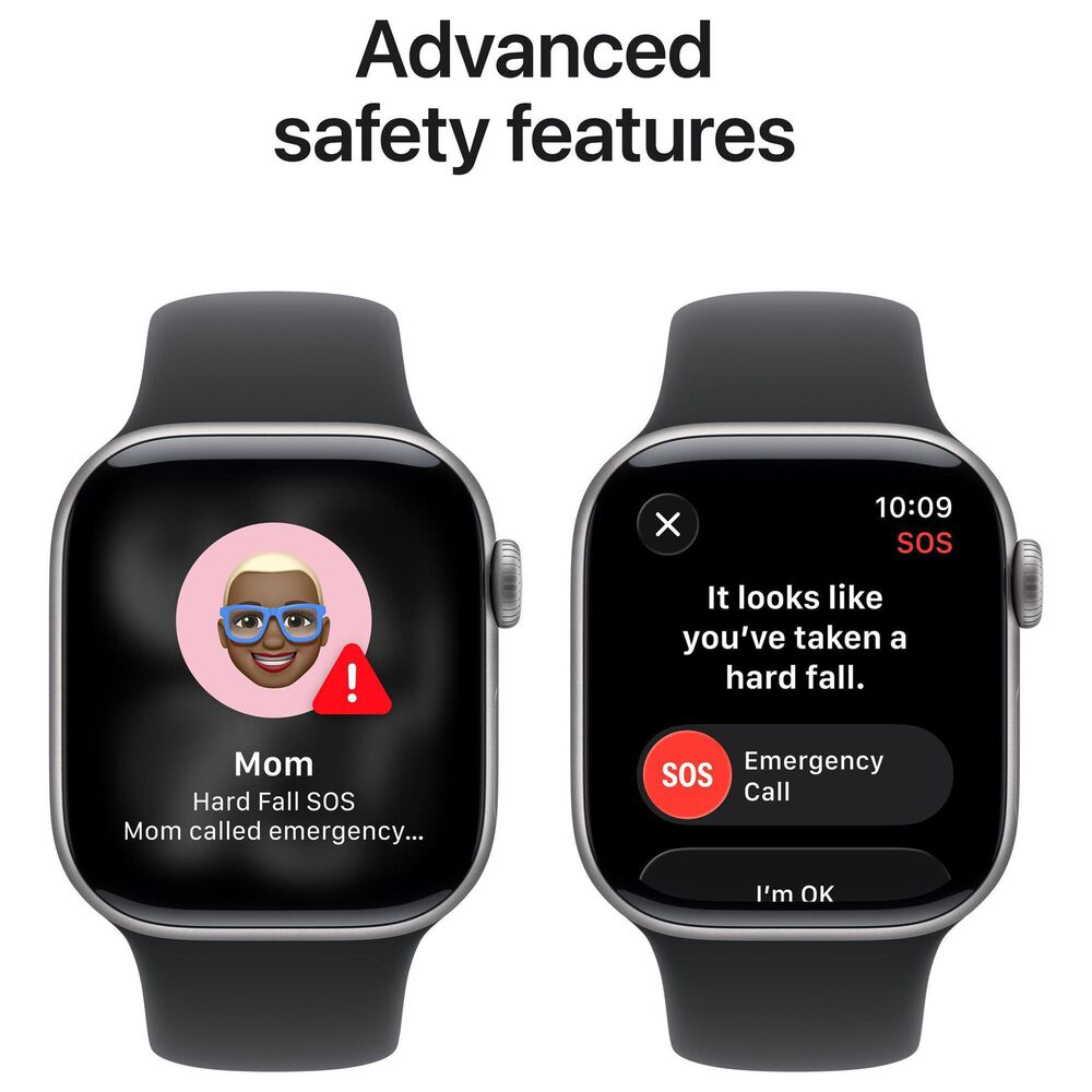 Apple Watch Series 11 (GPS) 42mm Aluminum Case with Black Sport Band - M/L in Space Gray and 2-Year AppleCare+, , large