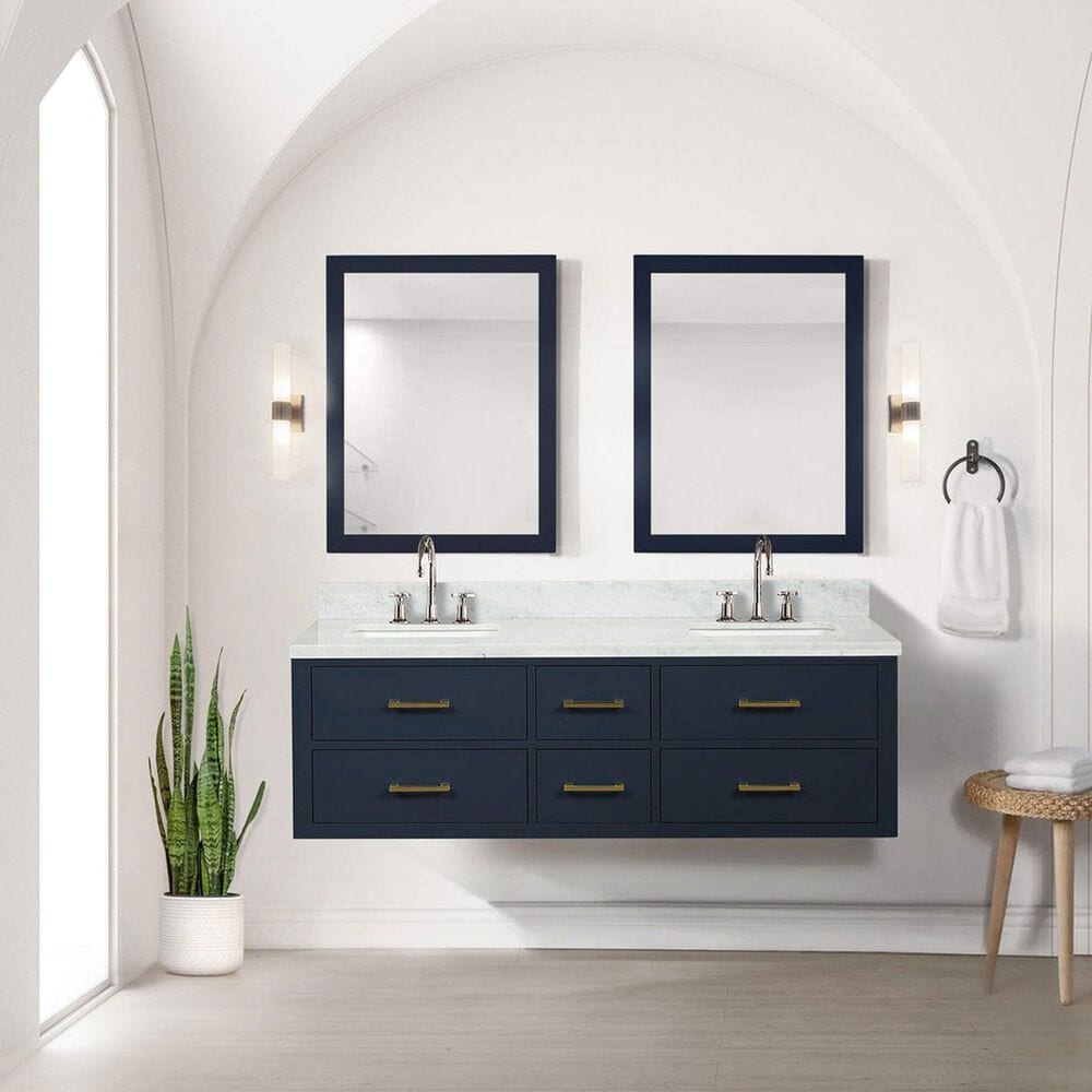 Lexora Home Castor 60&quot; Double Bathroom Vanity in Black with 2 cm White Carrara Marble Top and Rectangular Sinks, , large