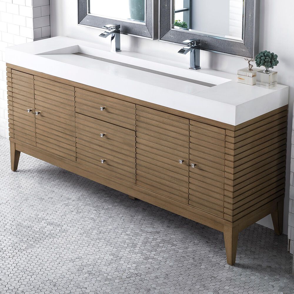 James Martin Vanities Linear 72&quot; Double Bathroom Vanity in Whitewashed Walnut with 10 cm Glossy White Solid Surface Top and Rectangular Sinks, , large