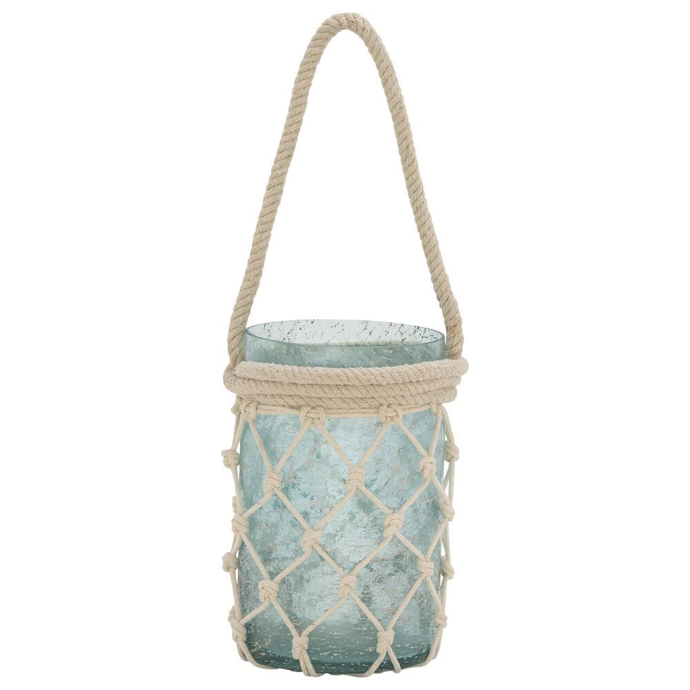 Maple and Jade 5" x 16" Indoor/Outdoor Candle Lantern with Rope Handle in Frosted Blue and Cream, , large