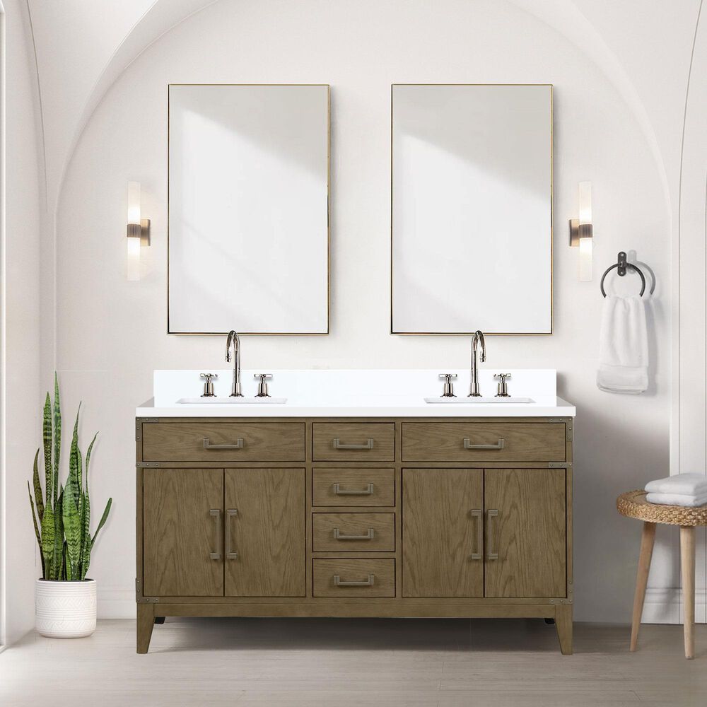 Lexora Home Laurel 60&quot; Double Bathroom Vanity in Grey Oak with White Quartz Top and Rectangular Sinks, , large