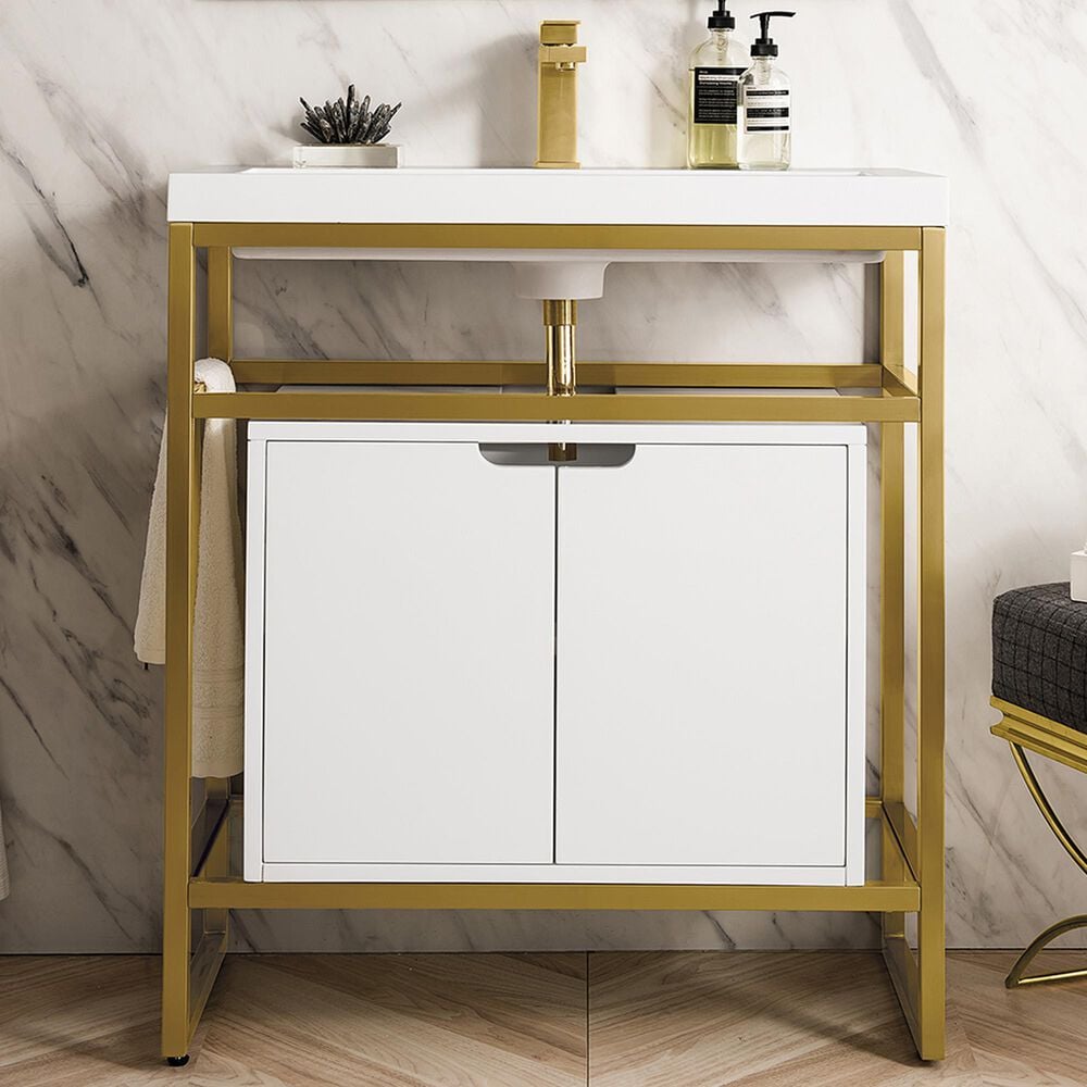 James Martin Vanities Boston 31.5&quot; Single White Door Bathroom Vanity in Radiant Gold with 3 cm White Glossy Resin Countertop and Rectangular Sink, , large