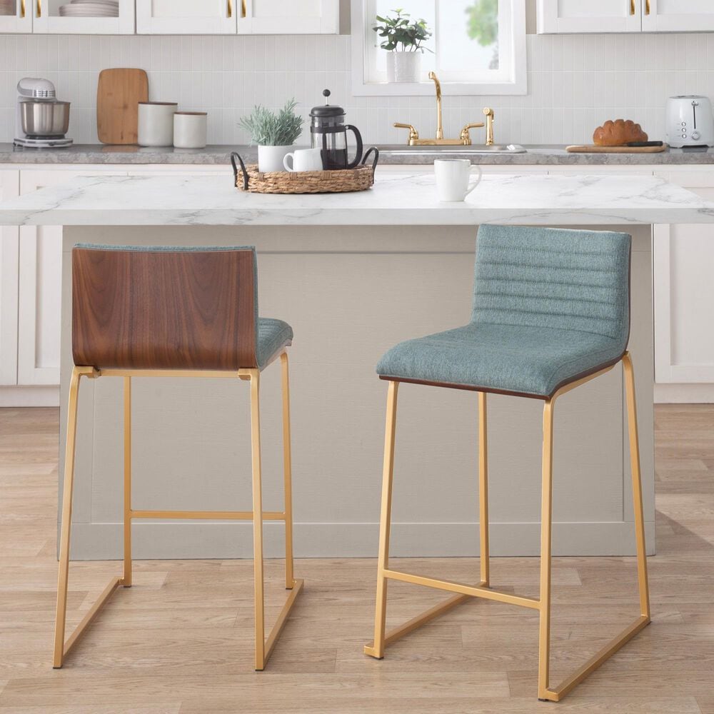 Lumisource Mason 25&quot; Counter Stool with Green Fabric Cushion in Gold and Walnut &#40;Set of 2&#41;, , large