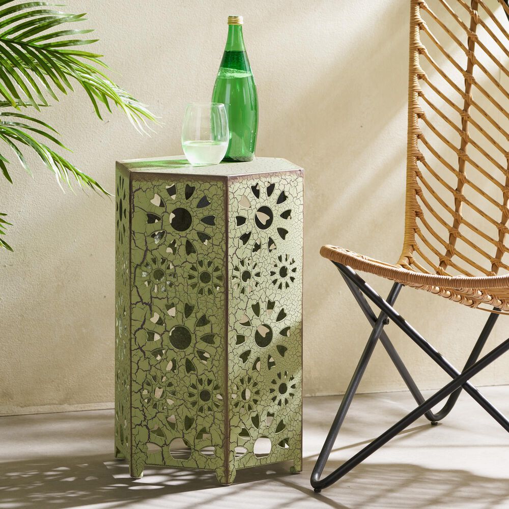 Hearth and Haven Galore 14" Outdoor Hexagon Metal Side Table with Sunburst Cut Out Design in Green, , large