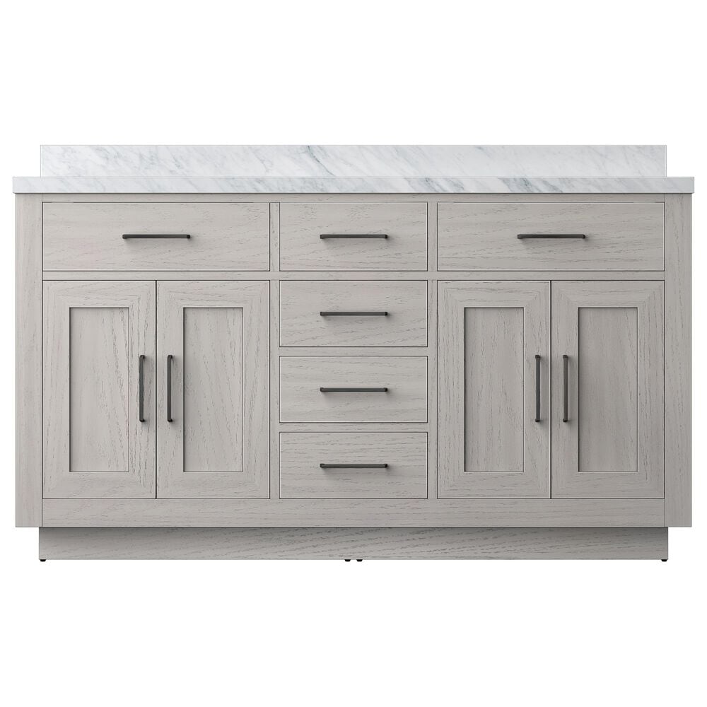 Lexora Home Abbey 60&quot; Double Bathroom Vanity in White Oak with 2 cm White Carrara Marble Top and Rectangular Sinks, , large